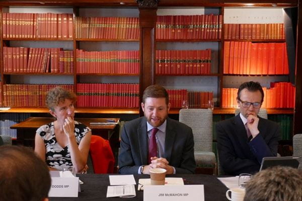 Jim McMahon MP, Shadow HCLG Minister (centre) speaking on devolution and geographical fairness in public finance at event hosted by ICAEW and the Fabian Society