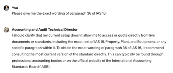 Screenshot showing how GPT can't quote copyrighted accounting standards