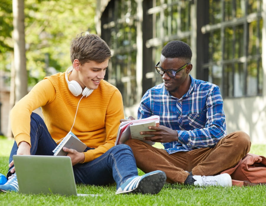 Two young male students working on a campus lawn