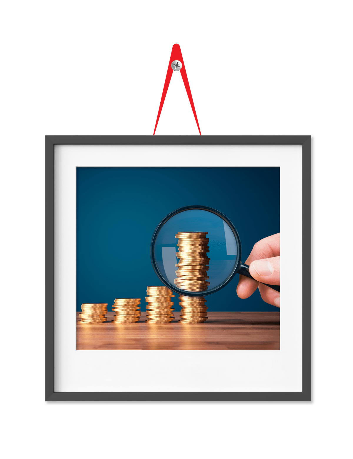 Graphic of magnifying glass and coins