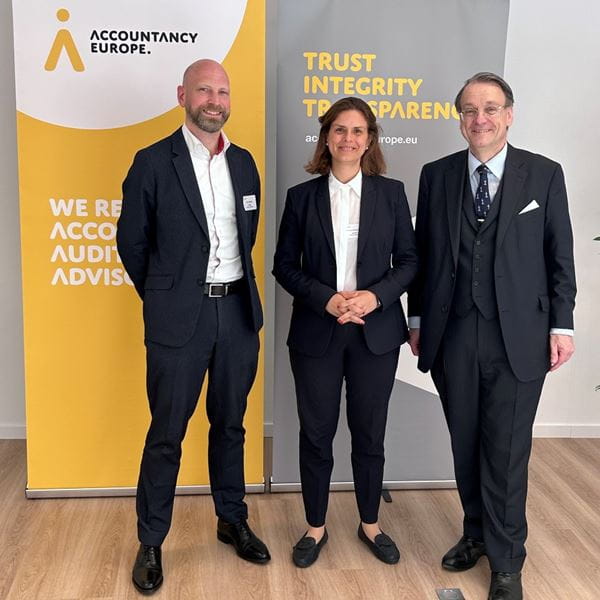 From Left: John Boulton, Director of Policy and Lina Konstantinopoulou, Head of EU Policy and Malcolm Bacchus, ICAEW President, attend Accountancy Europe AGM 2024