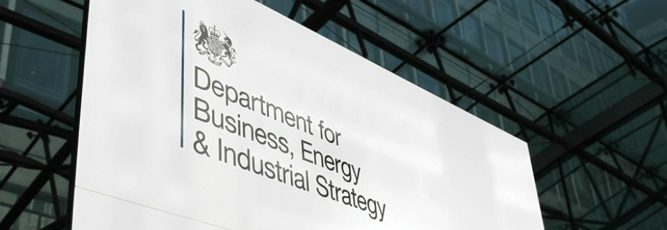 A sign that reads 'Department for Business, Energy & Industrial Strategy'