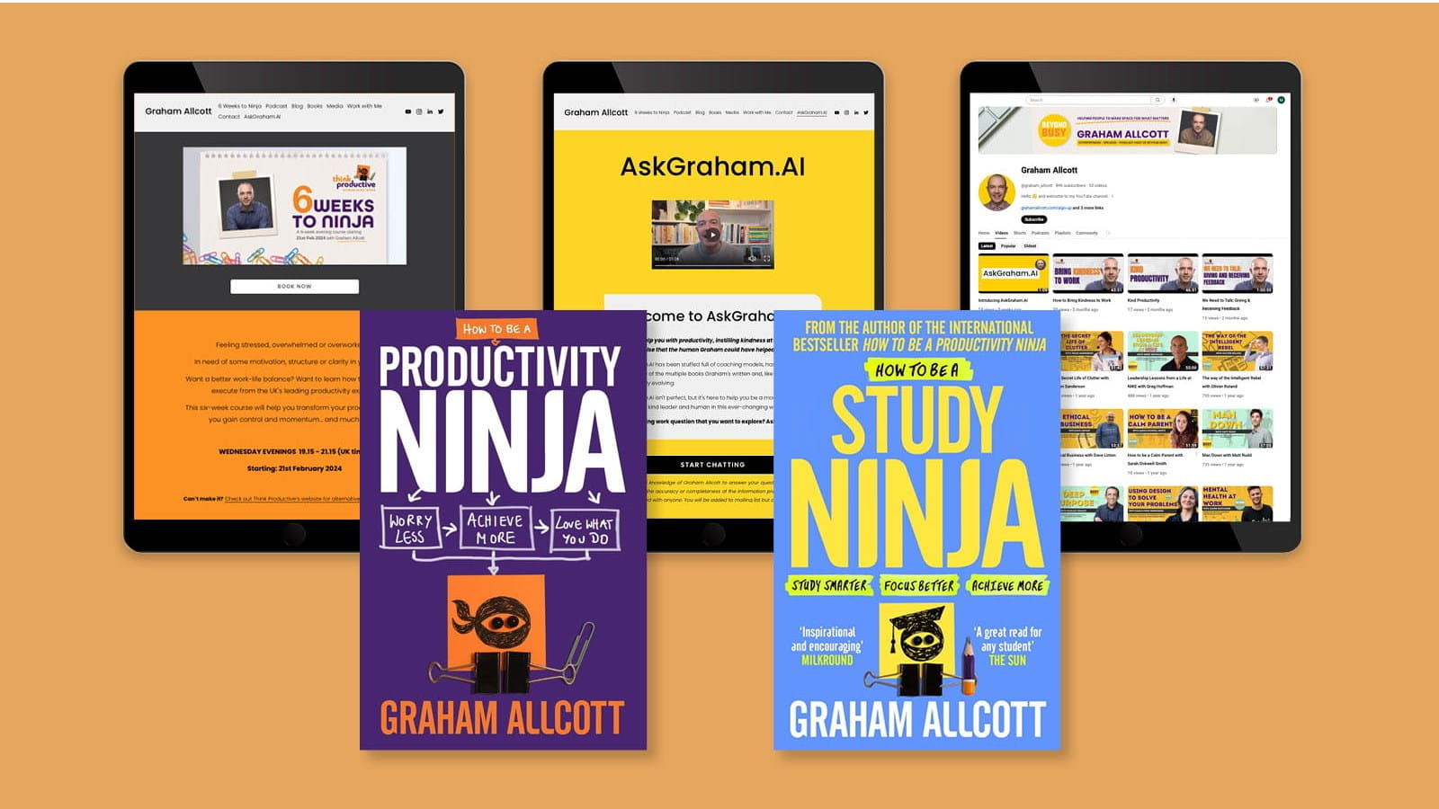 Book covers websites How to be a Productivity Ninja by Graham Allcott orange background