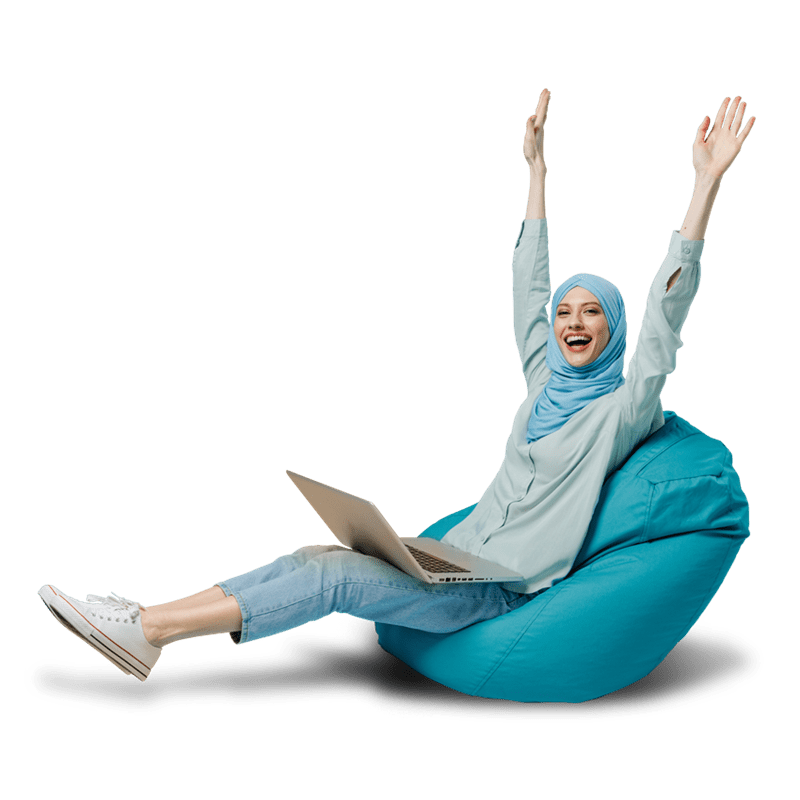 Woman sat in beanbag with laptop