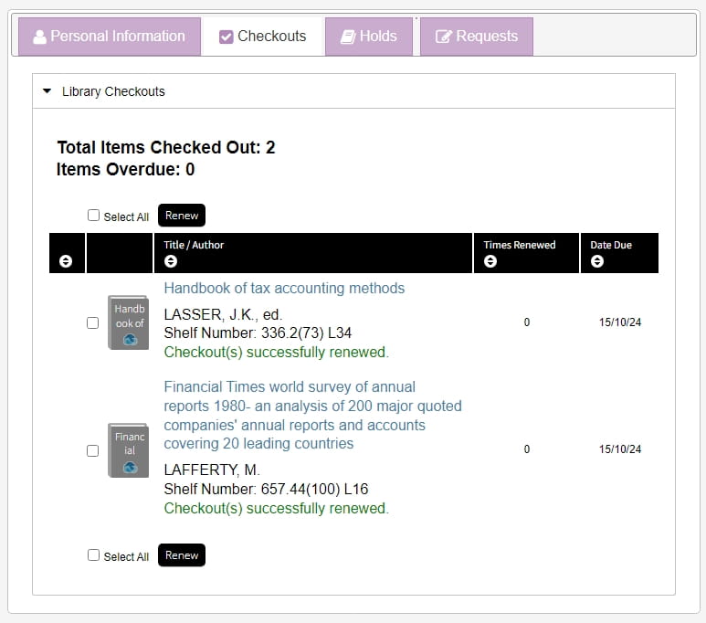 The Library catalogue "My Accounts" checkouts screen, showing two books renewed by the user.