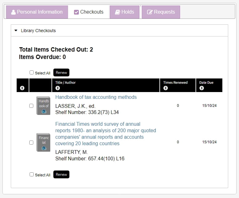 The Library catalogue "My Account" checkouts screen, showing two books borrowed by the user.