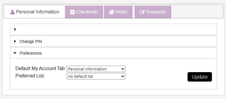 The Library catalogue "My Account" personal information screen, showing how to change preferences.