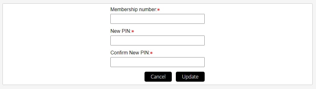 The Library catalogue form for setting a new PIN, with boxes to enter membership number, new PIN, confirm new PIN.