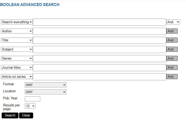 The Library catalogue Boolean advanced search screen.