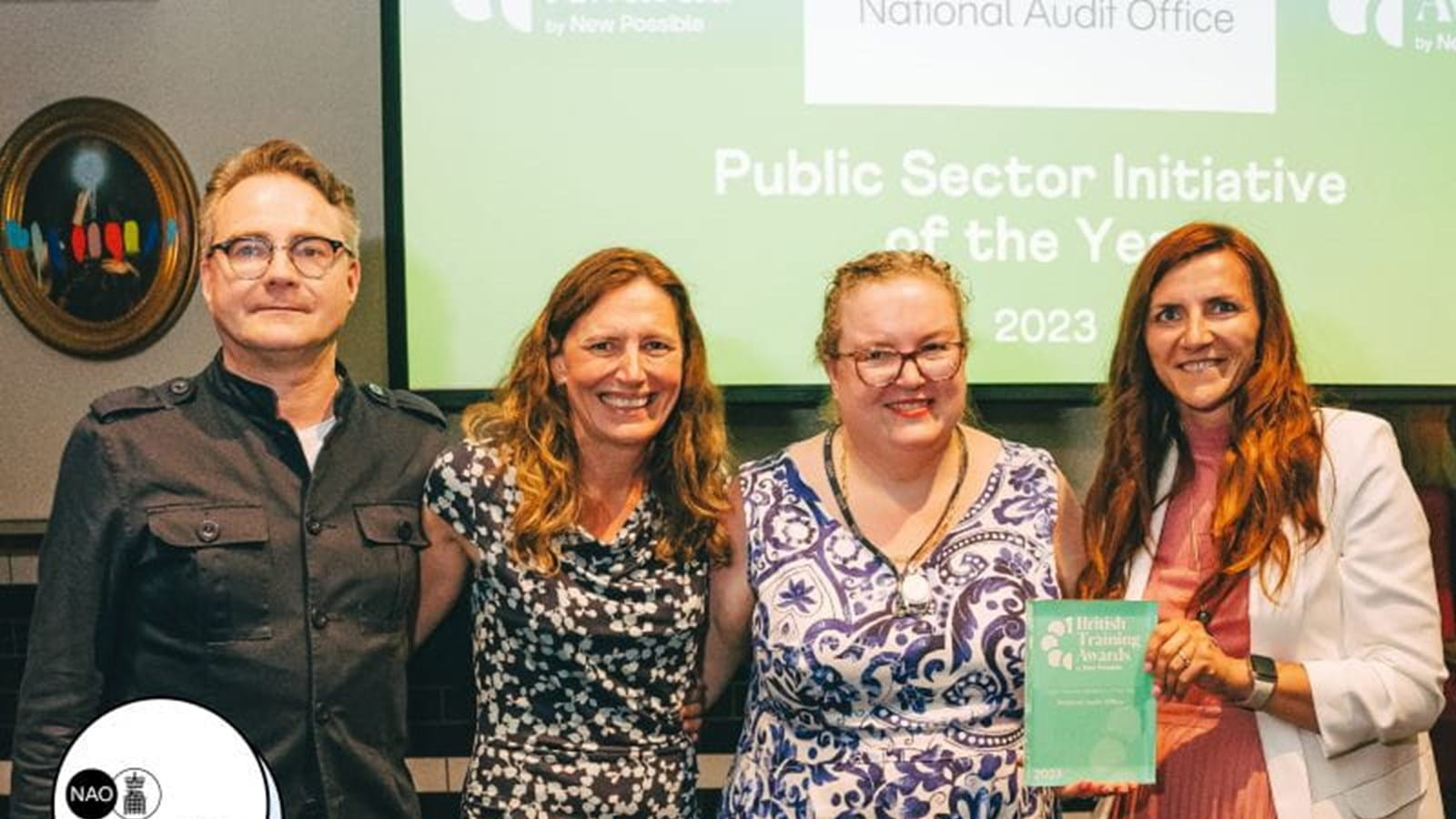 The National Audit Office team winning Public Sector Initiative of the Year at the British Training Awards 2023. (From left: Steve Mirfin, Senior Learning and Development Specialist; Corinna Black, Head of Learning Development and Talent; Debbie Edwards, Senior Auditor; and Anna Wydra, Senior Learning Development Specialist) 