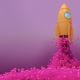 orange rocket ship taking flight powered by pink balls instead of flames on purple background