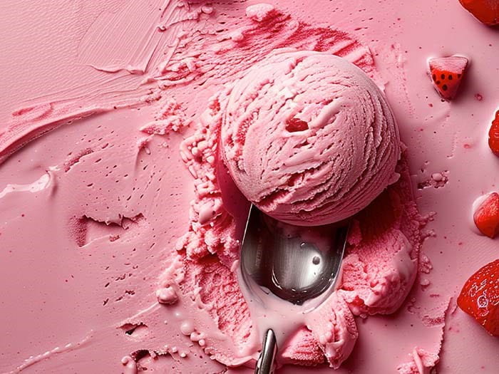 pink strawberry ice cream being scooped up with a spoon
