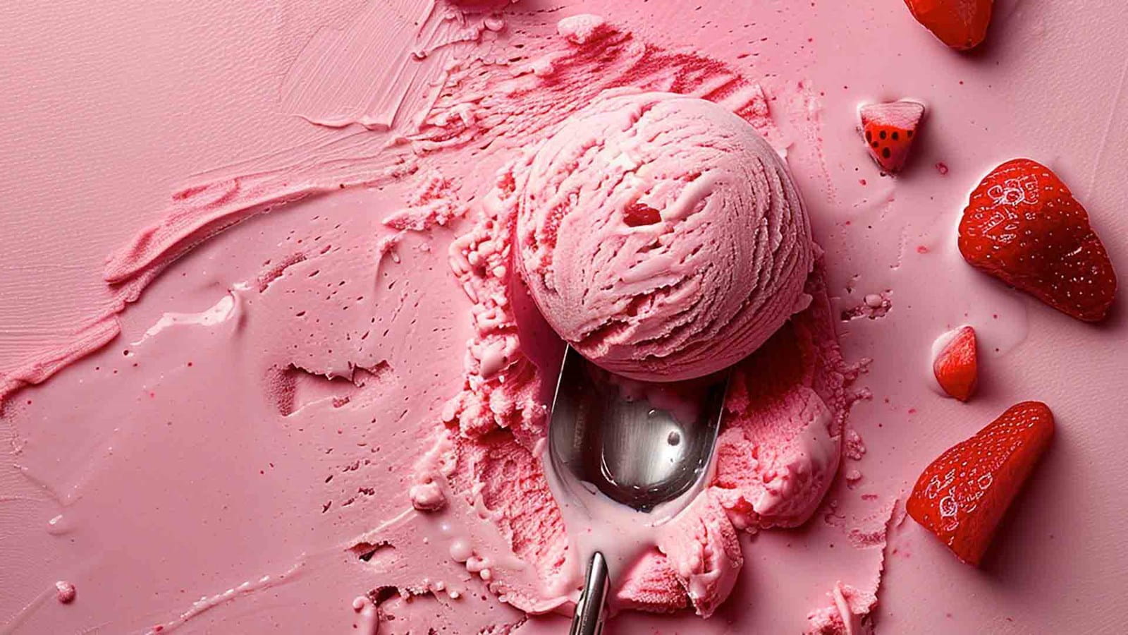 pink strawberry ice cream being scooped up with a spoon
