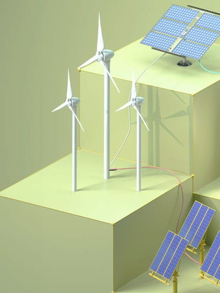 3D illustration of green sustainable energy solar panels wind turbines supplying power electricity for a computer on a green background