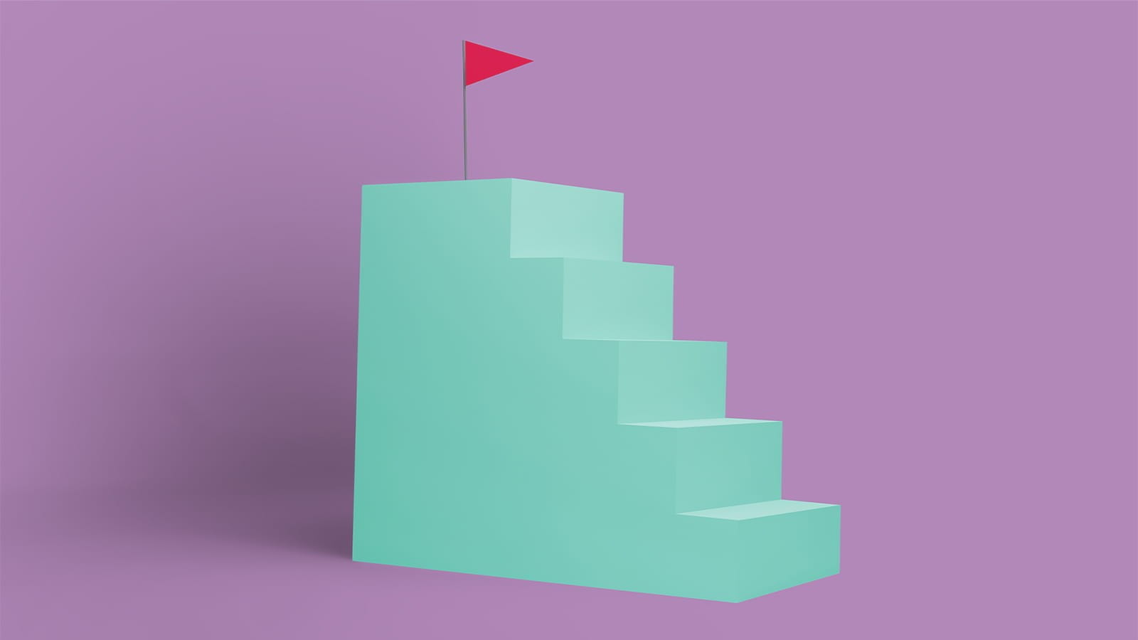 3D illustration of teal colour stairs with a red flag at the top purple background