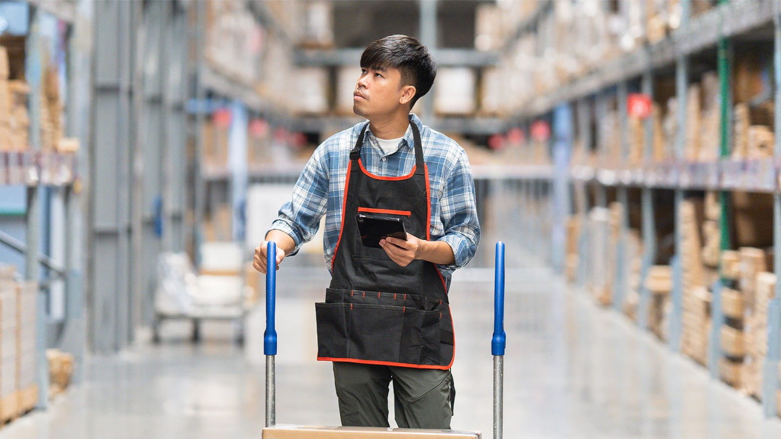 warehouse employee young asian man wearing an apron pushing a trolley trade exports boxes