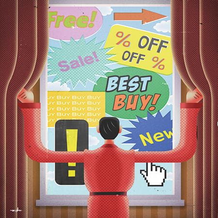 A person opening curtains to reveal lots of sales-related word bubbles including 'Best buy!', '% off' and 'New'.