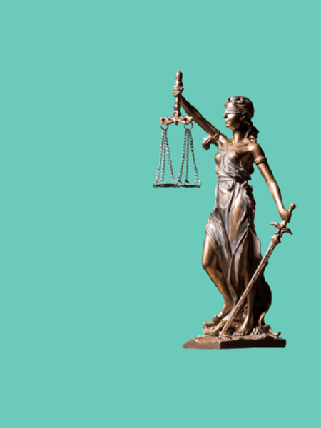 Justice figure on teal background
