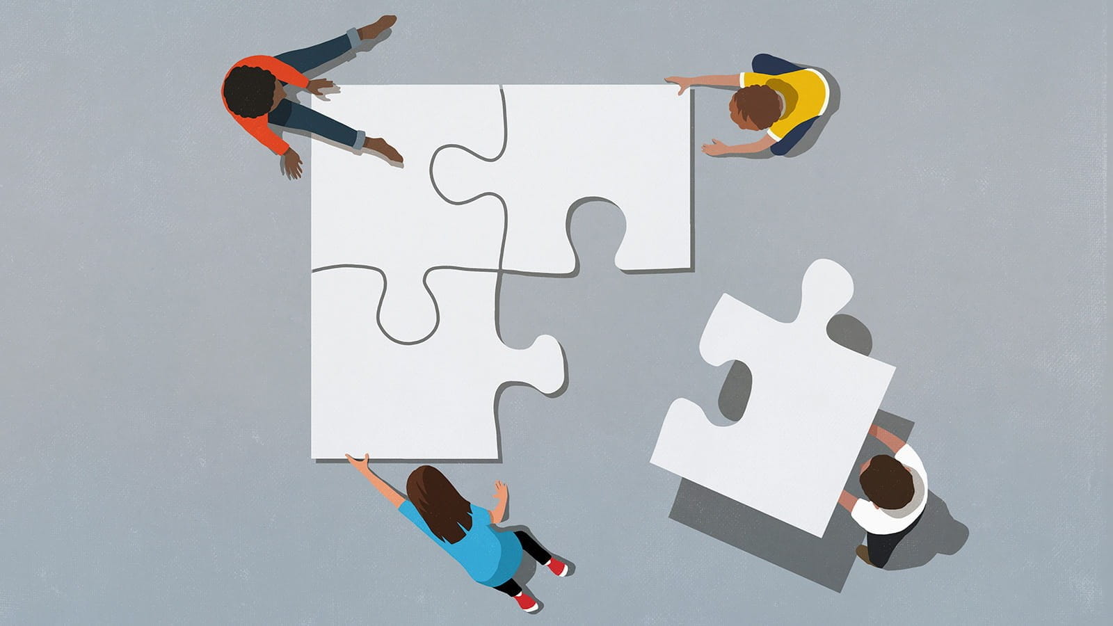 Illustration of people putting a giant 4-piece jigsaw together