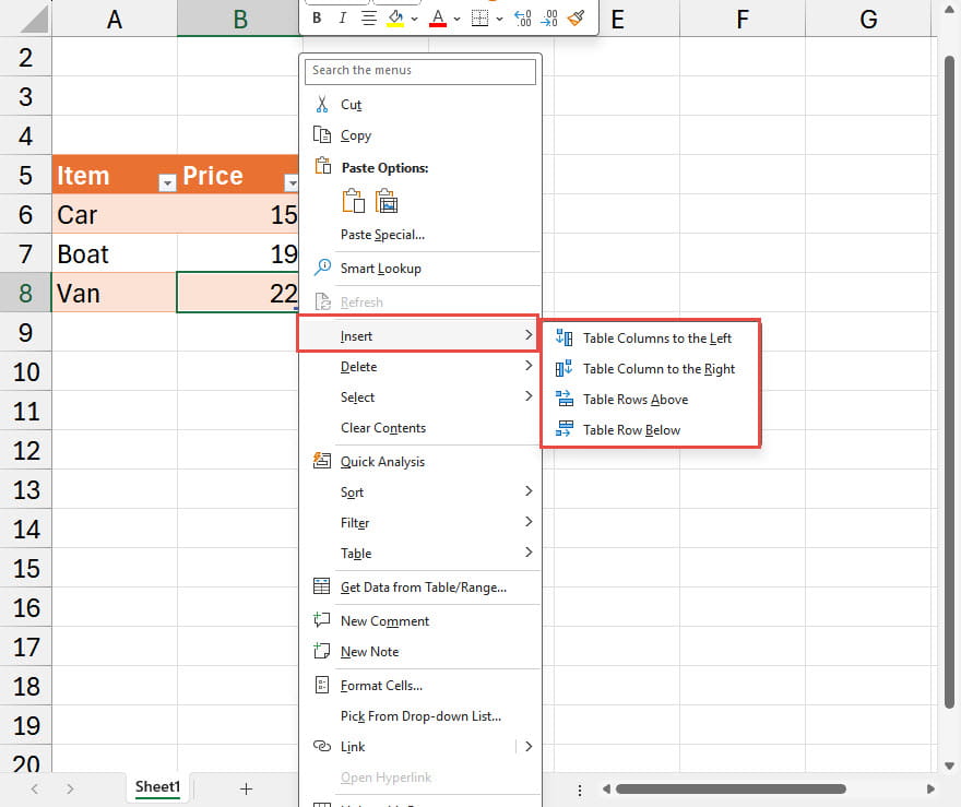 Screenshot of example in Excel