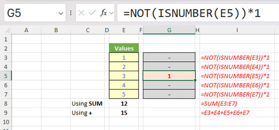 Screenshot of using NOT (ISNUMBER) function in Excel