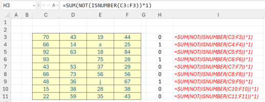Screenshot of using NOT(ISNUMBER) for a range of numbers in Excel