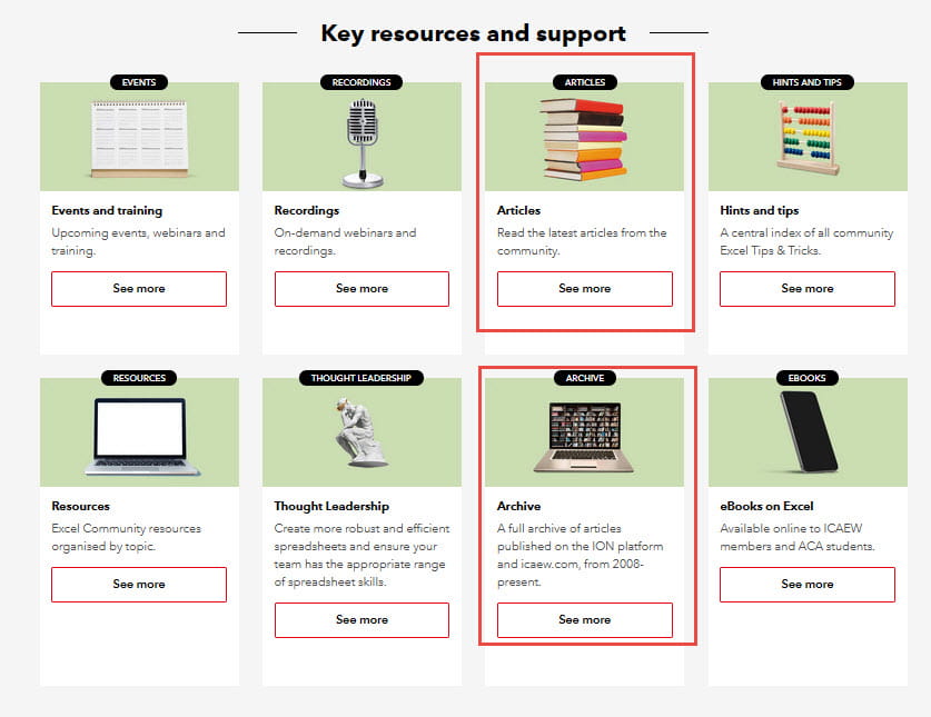 Screenshot of a landing page on the ICAEW website with the Articles and Archive navigation blocks highlighted