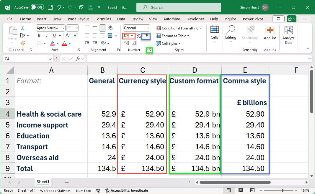 Screenshot of the an Excel table