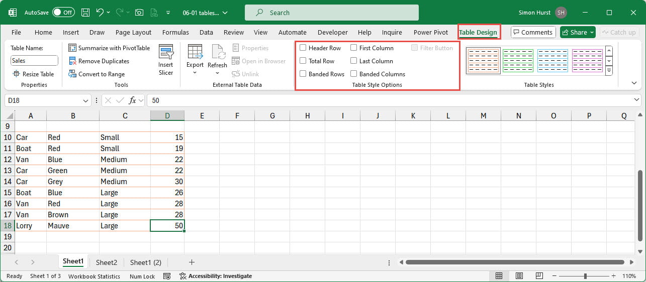 Screenshot of Table Style Options switched off in Excel