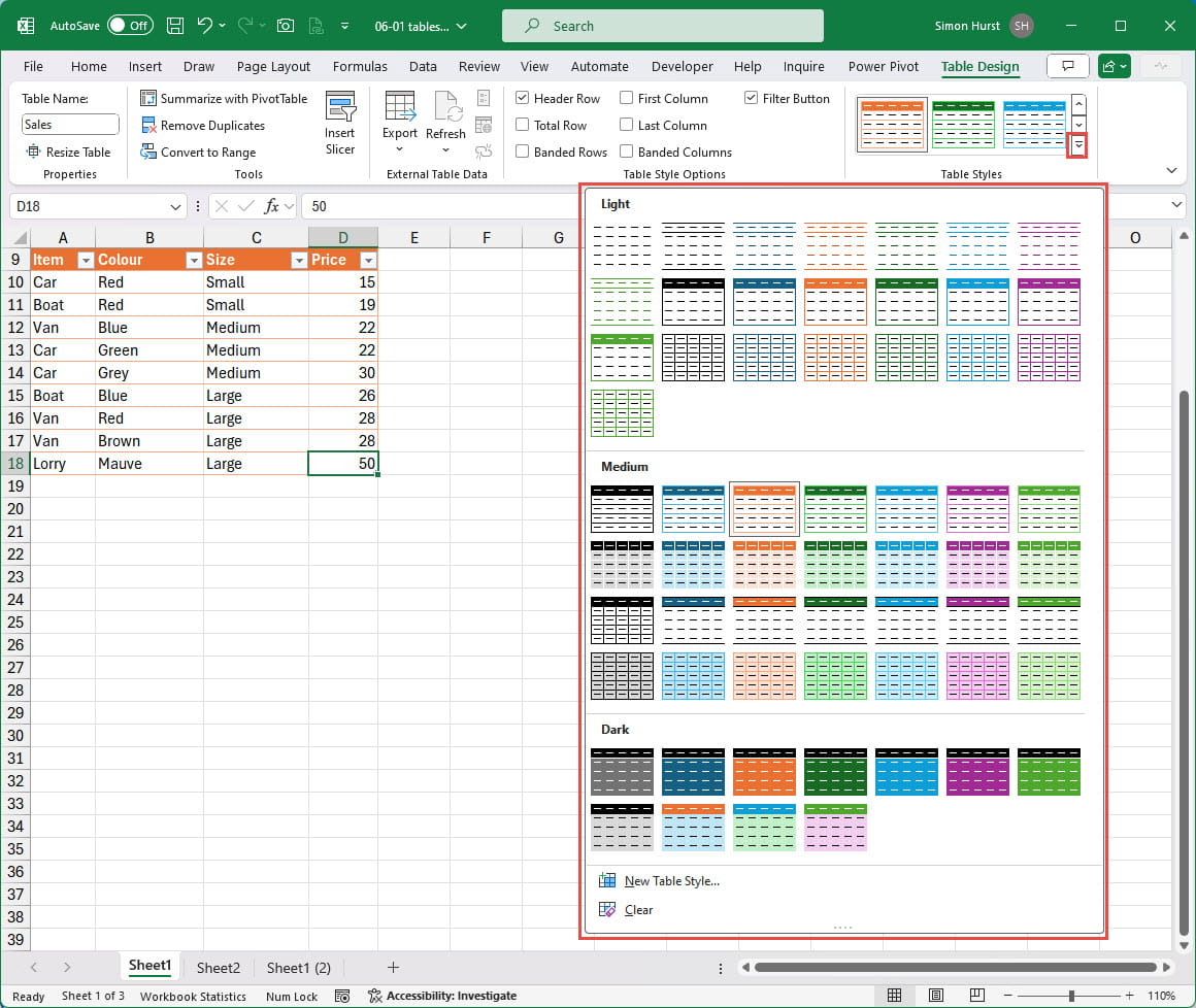 Screenshot of available Table styles in Excel