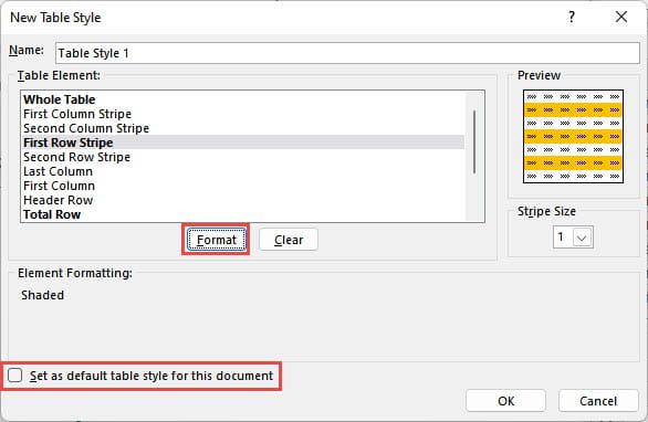 Screenshot of New Table Style dialogue box in Excel