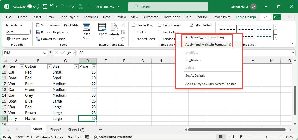 Screenshot of right-click menu for table styles in Excel