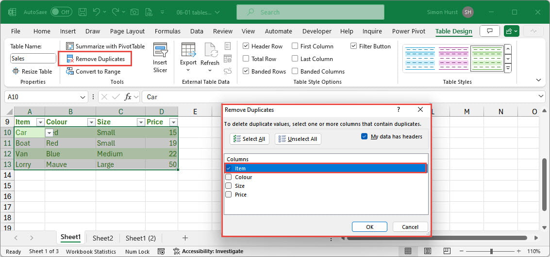 Screenshot of Remove Duplicates dialogue box in Excel