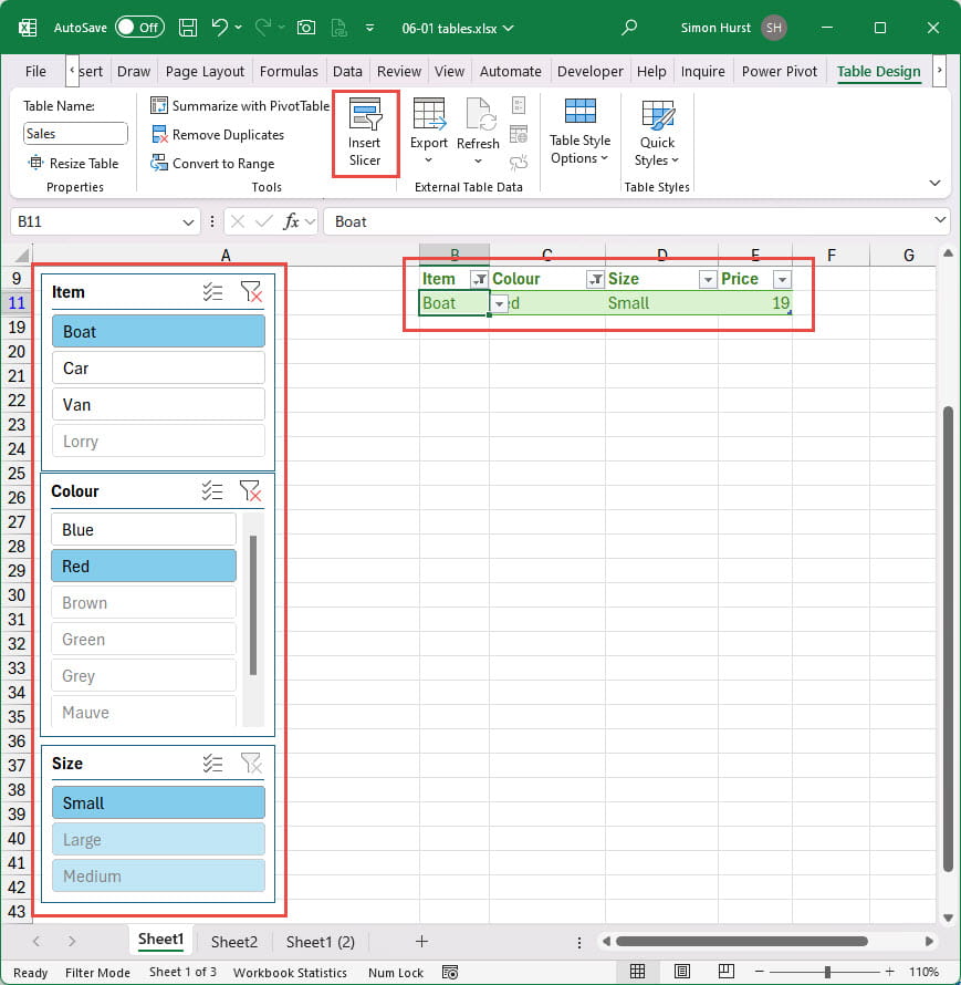Screenshot of inserting slicers in Excel