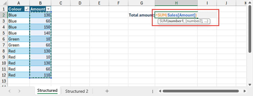Screenshot of the SUM function in Excel