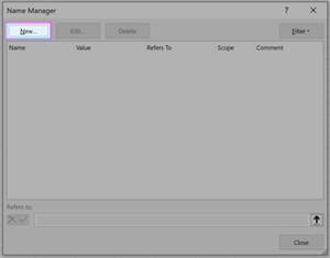 Screenshot of the Name Manger dialogue box in Excel
