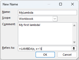 Screenshot of creating a new name in Name Manager in Excel